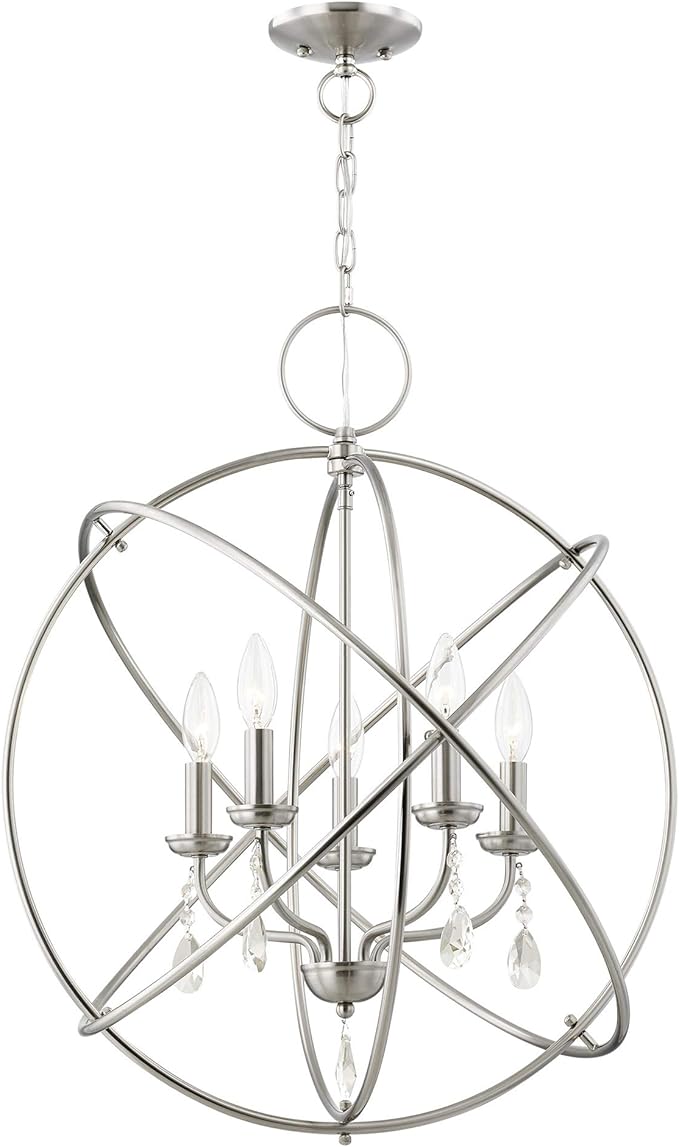 Livex Lighting 40905-91 Aria Collection Chandelier with 5 Arms and Dangling Crystals, Brushed Nickel