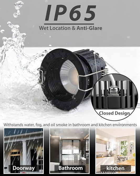 Adetu 2 Inch 5CCT Black Anti-Glare LED Downlight with Junction Box, 2700K/3000K/4000K/5000K Selectable, CRI90+, 8W COB, 840LM, IP65 Waterproof, Dimmable-ETL and Energy Star Certified (Black,1 Pack)