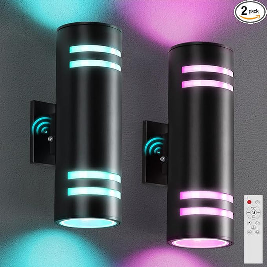Smart Outdoor Wall Lights 2 Pack, Cylinder Black Exterior Lighting Fixtures Dusk to Dawn Outdoor Lighting, Aluminum Color Changing Porch Lights, Ambiance Sconce Control with App and Voice