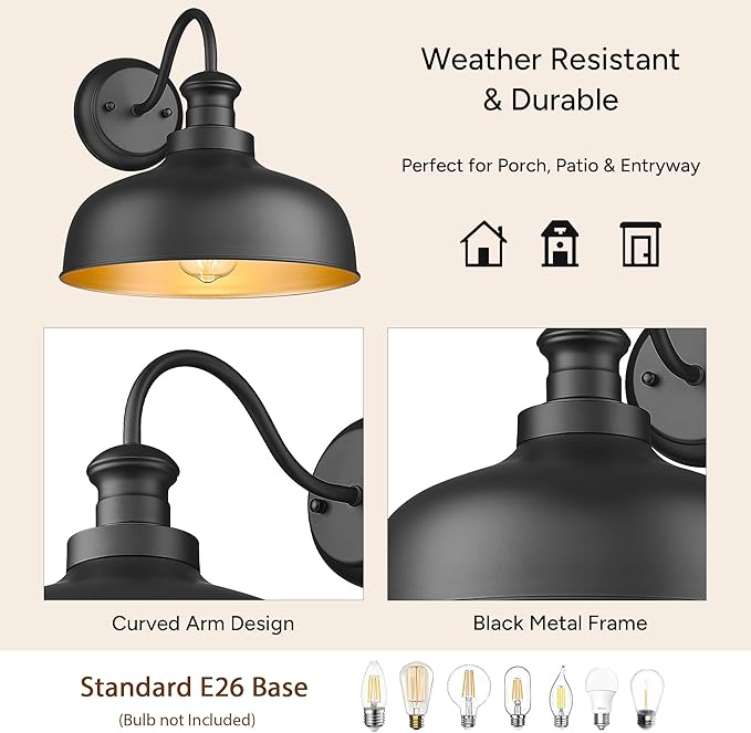 Outdoor Wall Light Fixture, Farmhouse Barn Light, Farmhouse Weatherproof Exterior Wall Sconce, Anti-Rust Outside Lantern Lamp for Porch, Patio, Garage (Black, Regular-1Pack)