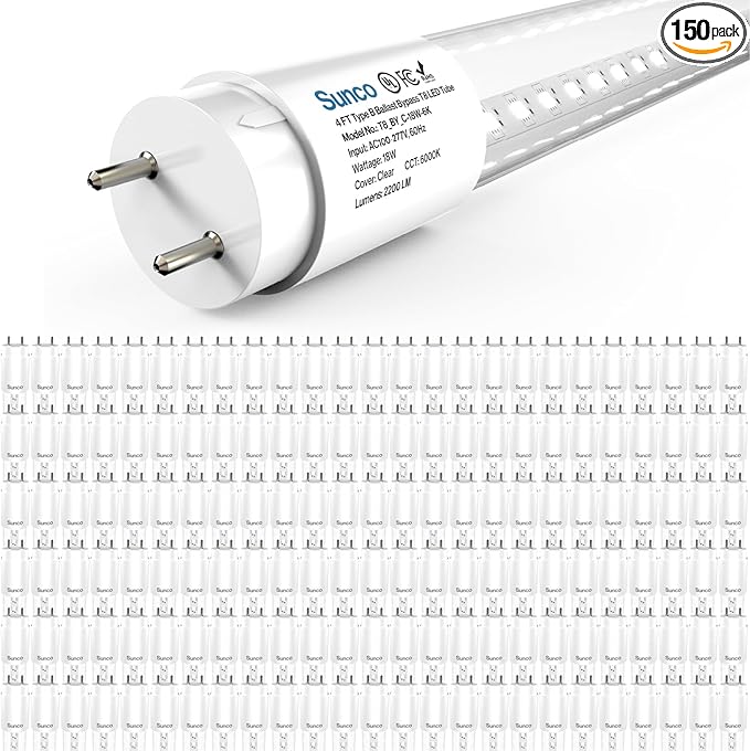 Sunco 150 Pack T8 LED Bulbs 4 Foot, Tube Light Bulbs Ballast Bypass, 48 Inch Fluorescent Replacement, 2200 LM, 18W, 6000K Daylight Deluxe, Single Ended Power, Type B, Clear Lens UL.