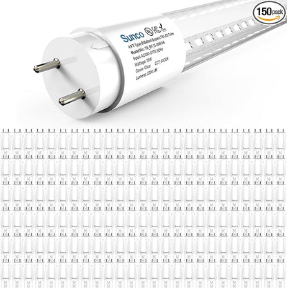 Sunco 150 Pack T8 LED Bulbs 4 Foot, Tube Light Bulbs Ballast Bypass, 48 Inch Fluorescent Replacement, 2200 LM, 18W, 6000K Daylight Deluxe, Single Ended Power, Type B, Clear Lens UL.