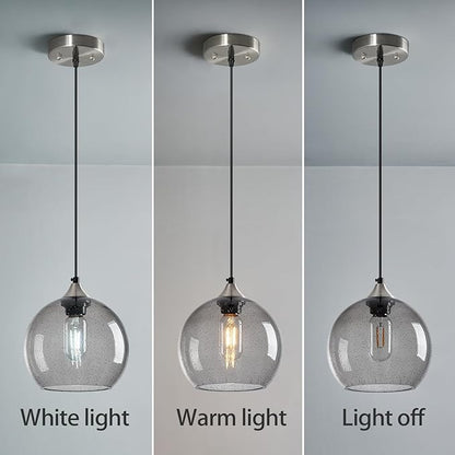 Light Grey Glass Pendant Lights Kitchen Island Lighting Globe Pendant Light Fixtures Modern Pendant Lighting for Bedroom Living Dining Room Light Fixture (7.87 in, 3 Pack)