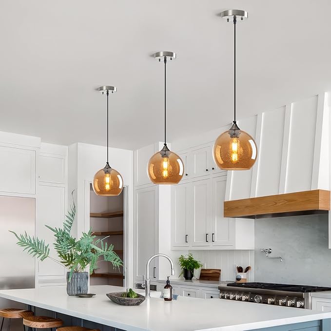 Amber Glass Pendant Lights Kitchen Island Lighting Globe Pendant Light Fixtures Modern Pendant Lighting for Bedroom Living Dining Room Light Fixture (7.87 in, 1 Pack)