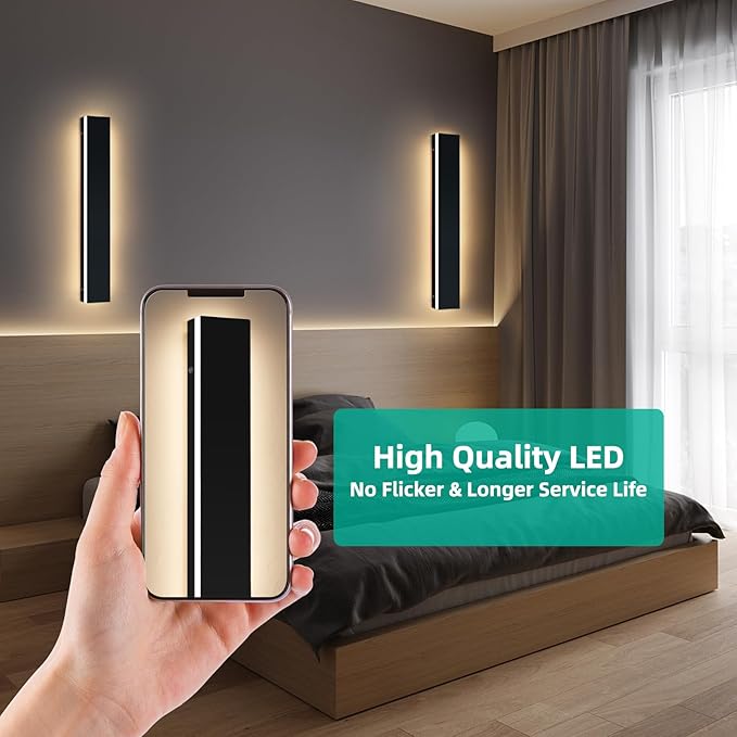 Upgrade Widened 2 Pack Modern LED Wall Sconce, 23.6inch Outdoor Exterior Wall Light, 3000K Warm White, 24W, IP65 Waterproof, Black Outside Long Linear Patio Lighting for House, Garage, Yard
