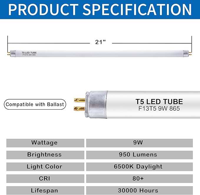 8 Pack 21 Inch F13T5/DL LED Replacement Bulbs, 6500K Daylight, T5 LED 9 Watt Replace Fluorescent Bulb with LED, Replacement Tube for Counter and Cabinet Fixture