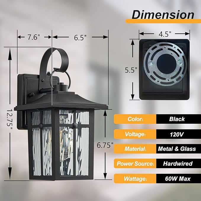 2 Pack Dusk to Dawn Outdoor Wall Lights, Aluminum Exterior Light Fixtures Wall Mount with Ripple Glass, Waterproof Black Porch Lights, Outside Wall Lantern for Entryway, Garage, Patio