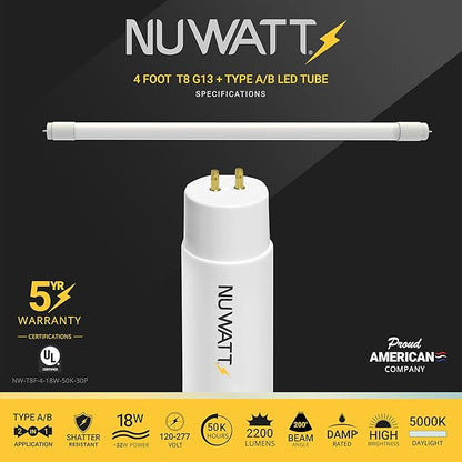 NuWatt 30 Pack 4 FT LED T8 Tube Light, T10 T12 Hybrid Type A+B, 5000K Daylight, 18W, High Brightness 2200 Lumens, Plug & Play OR Ballast Bypass Fluorescent Tube Replacement, Single or Double Ended, UL