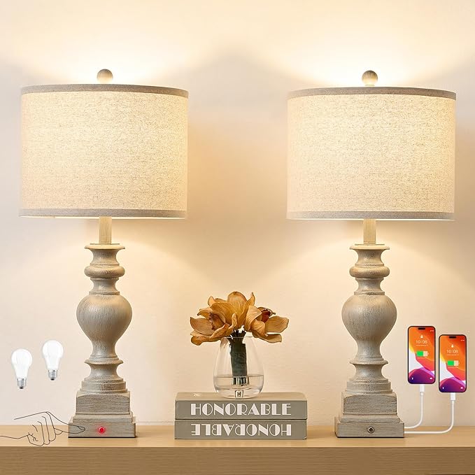 30“ Set of 2 Farmhouse Table Lamps with USB A+C & AC Outlet, Vintage Bedroom Touch Bedside Lamp Nightstand Traditional Side Table Lamp for Living Room Office