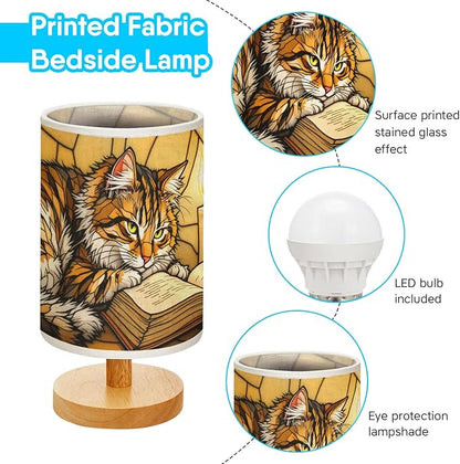 Cat & Book Table Lamp LED 3-Color Pressed Bedside, Cat & Book Shade Lamp with Wood Base for Bedroom Living Room Desk Office TL01