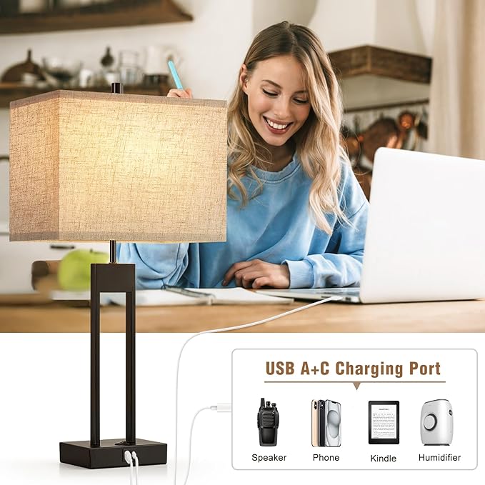 25.5’’ Nightstand Table Lamps for Bedrooms Set of 2, Bedside Lamp with USB C+A, Colors Changeable Living Room Lamps for End Tables, Modern Night Stand Lamps for Bed Side Guest Room Office Reading