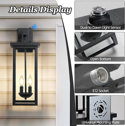 22 Inch Extra Large Outdoor Wall Lights Dusk to Dawn,Exterior Patio Light Fixtures 2-Light E12 Outdoor Porch Light Outside Wall Lantern Waterproof Outdoor House Lights Wall Mount 1 Pack