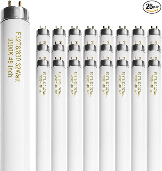 amgolibi F32T8/830 T8 32 Watt Fluorescent Tube 48 Inch 3000K Warm White, 4 Foot Fluorescent Light Bulb, 2950 Lumen, F32T8/TL935/ALTO, G13 Medium Bi-Pin Base, 25 Pack