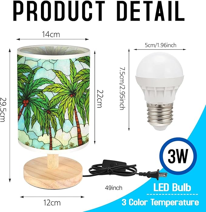 Hawaiian Palm Table Lamp LED 3-Color Pressed Bedside, Hawaiian Palm Shade Lamp with Wood Base for Bedroom Living Room Desk Office