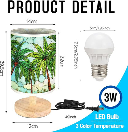Hawaiian Palm Table Lamp LED 3-Color Pressed Bedside, Hawaiian Palm Shade Lamp with Wood Base for Bedroom Living Room Desk Office