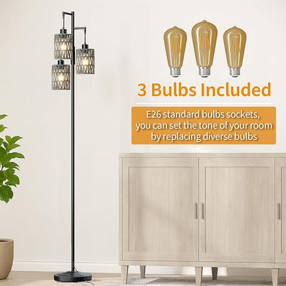 Oneach 70" Floor Lamps for Living Room, Stepless Dimmable Boho Floor Lamp with 3 Bulbs, Tall Farmhouse Industrial Corner Standing Tree Lamp for Bedroom, Office, Study Room, Black with Grey Shades