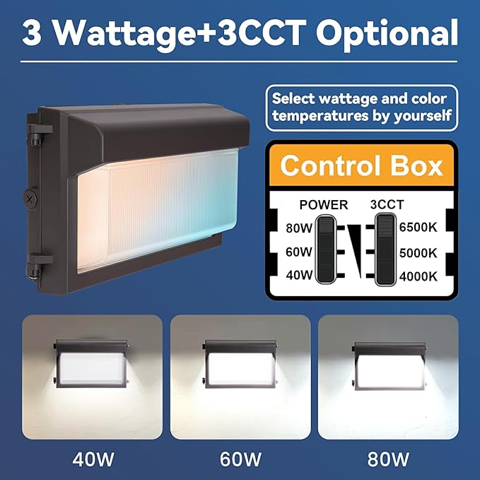 80W LED Wall Pack Light 4Pack: Dusk to Dawn Photocell, 4000/5000/6500K 3CCT, 40/60/80W Selectable, LED Wall Lights Outdoor Security Lighting for Building Parking Lot House Barn, 100-277VAC, ETL Listed