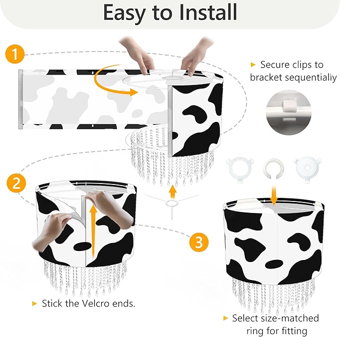 Black White Cow Print Lamp Shade with Acrylic Bead Droplets, Animal Drum Fabric Light Shade for Pendant Table & Floor Lamp, Cute Party Room Decor for Grandchild Kids Teens, 15.7in