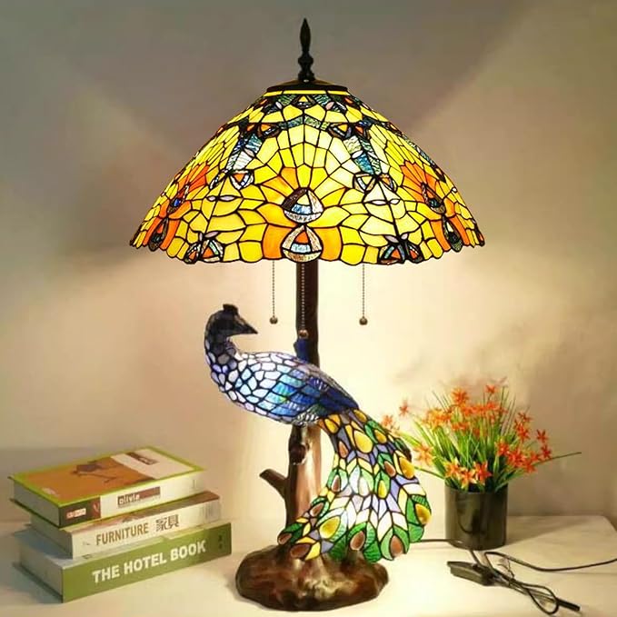 18-Inch Large Tiffany Lamp Shade Replacement, Only Vintage Stained Glass Rose Peacock Hat Lampshades fit for Table Lamps Floor Lamps Desk Bedside Reading Lighting,Peacock