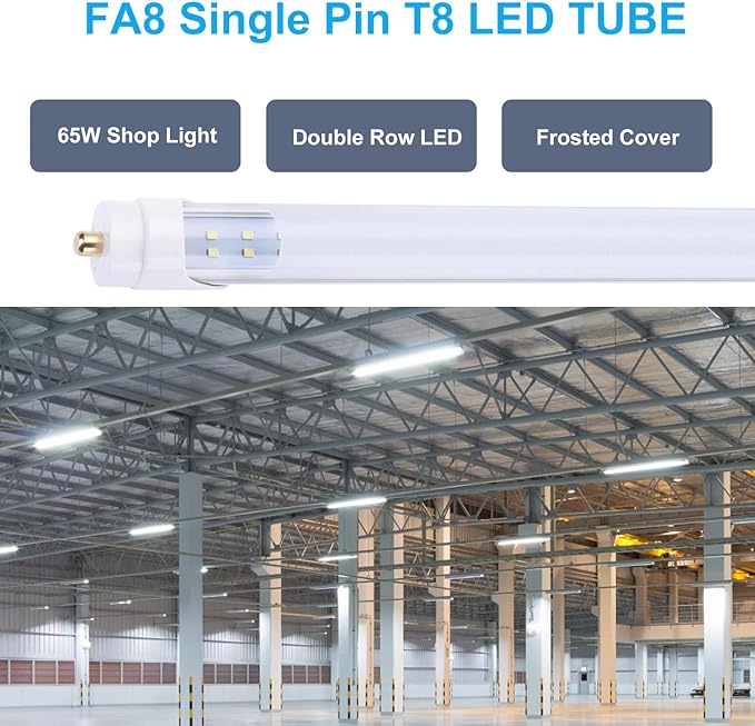 8FT FA8 LED Bulbs Single Pin, 65W 7800LM, 6000K, Dual-Ended Power, Ballast Bypass, Frosted Cover, Replace Existing T8 T10 T12 Fluorescent Light (12-Pack)