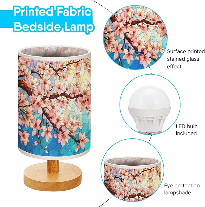 Cherry Blossom Table Lamp LED 3-Color Pressed Bedside, Cherry Blossom Shade Lamp with Wood Base for Bedroom Living Room Desk Office TL01