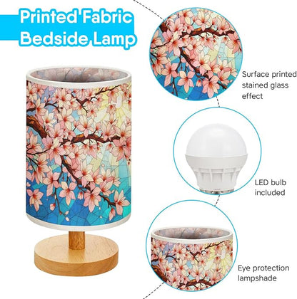 Cherry Blossom Table Lamp LED 3-Color Pressed Bedside, Cherry Blossom Shade Lamp with Wood Base for Bedroom Living Room Desk Office TL01