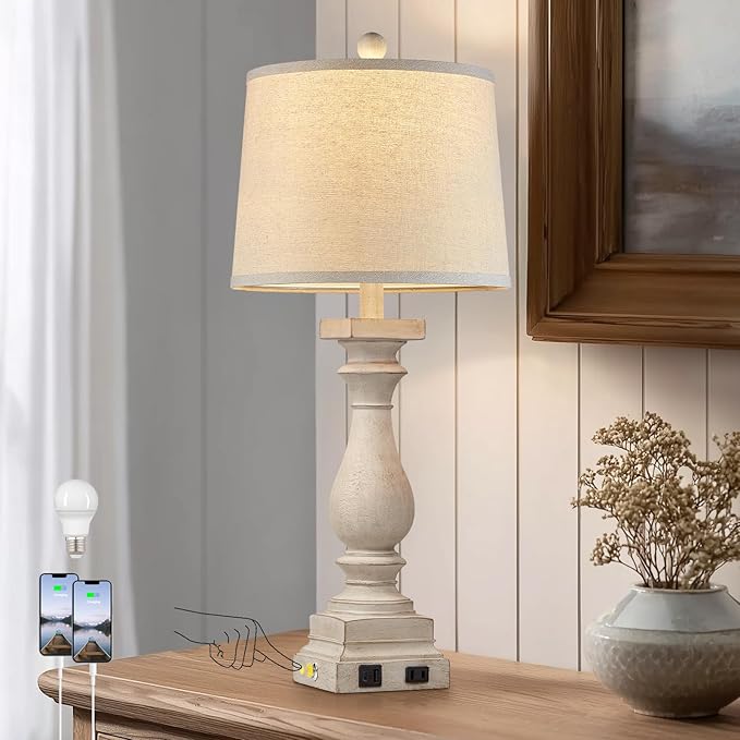 28" Tall Farmhouse Table Lamps with USB C+A Ports and AC Outlet, 3 Way Touch Control Rustic Bedside Lamps for Bedroom, Beige Vintage Nightstand Lamps for Living Room Office