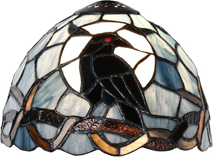 Bieye S12010 Raven Sitting on Bare Tree Tranch Against Full Moon Tiffany Style Stained Glass Lampshade (Dark Blue, 8Wx5.5H)