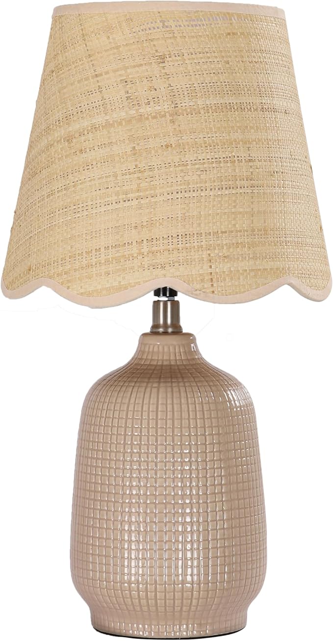 19" Boho Ceramic Table Lamp, Handmade Ceramic Base with Rattan Shade, Farmhouse Plug-in Bedside Nightstand Lamps for Bedroom, Living Room, E26 Socket, Grey