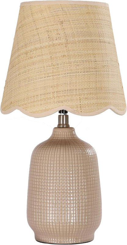 19" Boho Ceramic Table Lamp, Handmade Ceramic Base with Rattan Shade, Farmhouse Plug-in Bedside Nightstand Lamps for Bedroom, Living Room, E26 Socket, Grey