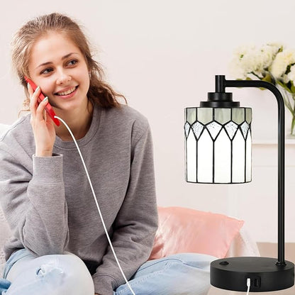 TL0019 Tiffany Table Lamp with 2 USB Charging Ports, Desk Lamp with Geometric Stained Glass Lamp Shade, Retro Nightstand H 14.5" for Bedrooms Office Study, LED Bulbs Included (Grey)