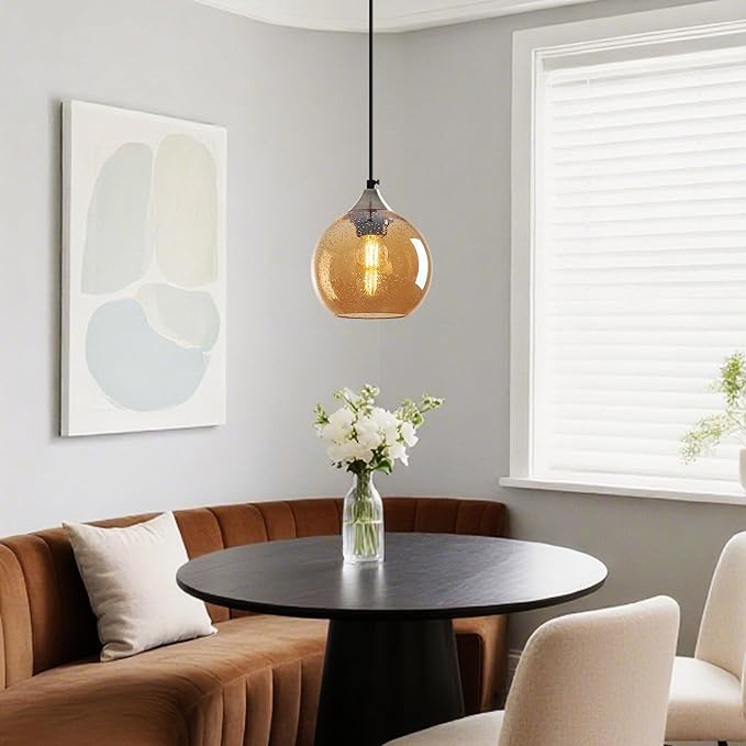 Amber Glass Pendant Lights Kitchen Island Globe Pendant Light Fixtures Modern Pendant Lighting for Bedroom Living Dining Room Light Fixture (5.9 in, 1 Pack)