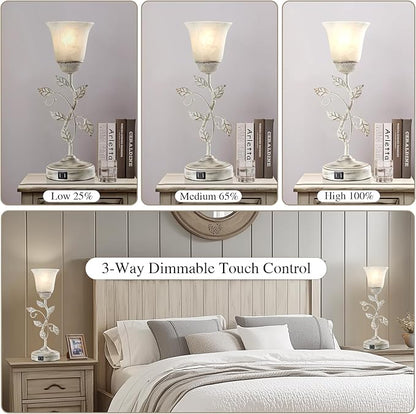 RORIANO Set of 2 Rustic Touch Table Lamps for Bedroom, 3-Way Dimmable Nightstand Flower Lamp with 2 USB Ports, Retro White Glass Shade Leaf Lamp for Living Room Entryway, 2 LED Bulb Included