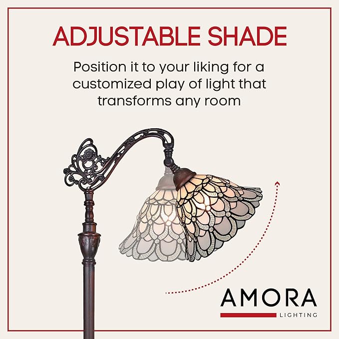 Amora Tiffany Floor Lamp Torchiere - Arched Style Peacock Floor Lamp - 62” Tall Peacock Floor Stained Glass Lamp - Tiffany Floor Lamps for Living Room