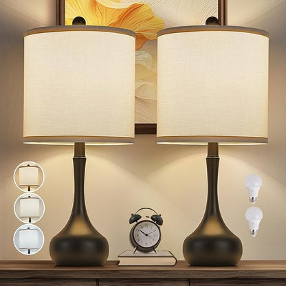 23" Farmhouse Table Lamp Set of 2, Black Metal Modern Bedside Lamps for Living Room, 3 Color Temperature Rustic Table Lamps for Bedroom, Night Stands, Dorm,Office, Home Décor (Bulb Included)