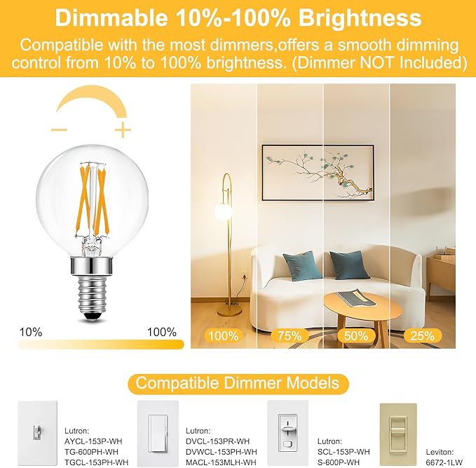 BRIMAX 10 Pack G16.5 Light Bulbs,Small Globe Bulbs Dimmable 6W E12 LED Bulbs,Equivalent 60W 580lm, 2700K Warm White,AC120V,Flicker Free for Ceiling Fans Pendant Chandelier Bathroom