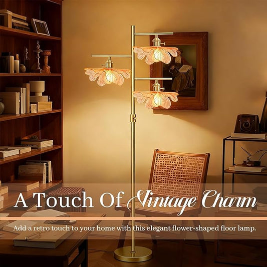 Gold Floor Lamps for Living Room Bedroom, Dimmable Tall Floor Lamp with Amber Glass Flower Shade, Mid Century Modern Standing Lamp for Office Corner Study