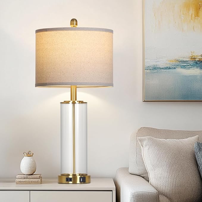 26 Inch Gold Glass Table Lamp Single, 3-Way Dimmable Touch Lamp for Living Room, Modern Bedroom Lamp with USB C+A Ports & Outlet, Classic Bedside Brass Lamp for Nightstand Side End Table Decoration