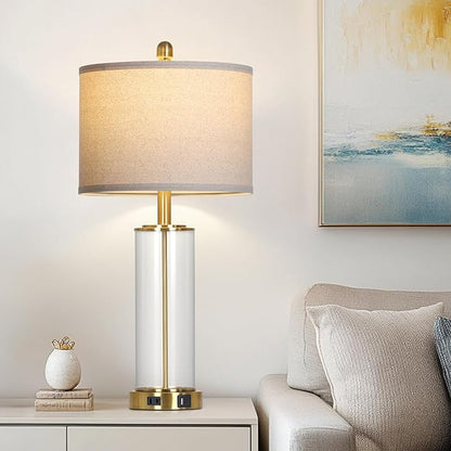 26" Gold Glass Table Lamps Set of 2, 3-Way Dimmable Touch Control Glass Lamps for Living Room, Modern Bedroom Lamp with USB C+A Ports & Outlet, Classic Bedside Lamp for Nightstand Side End Decoration