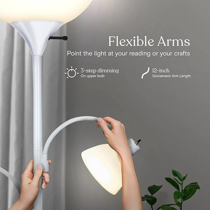 Brightech Sky Dome Double – High Brightness Torchiere Floor Lamp with 2 Reading Lights for Living Rooms, Bedrooms – Replace Halogen Standing Lamps with Efficient LED Office Lighting - Tall White Pole