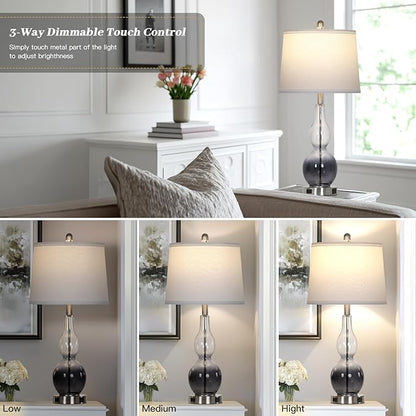 27.5" Gradual Gray Clear Glass Table Lamp Set of 2,3-Way Dimmable Touch Control Bedside Lamps with USB Ports and AC Outlet, Modern Nightstand Lamps for Bedroom Living Room
