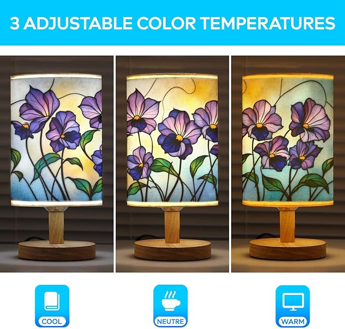 Violet Table Lamp LED 3-Color Pressed Bedside, Violet Shade Lamp with Wood Base for Bedroom Living Room Desk Office TL01