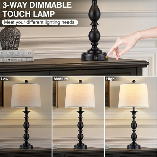 28" Black Modern Table Lamps Set of 2 with USB C+A Ports and AC Outlet, 3 Way Touch Control Tall Bedside Lamps for Bedroom, Metal Farmhouse Nightstand Lamps for Living Room