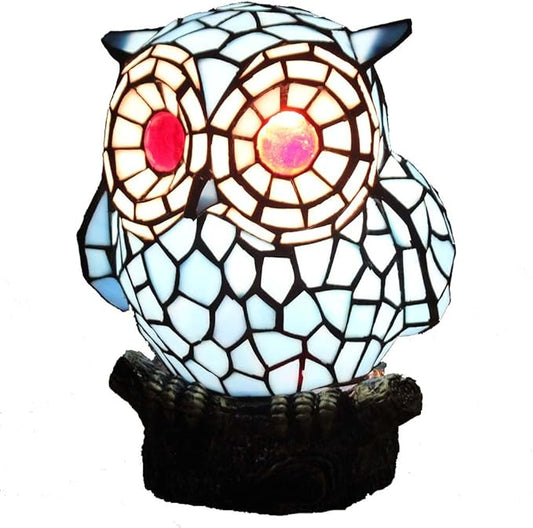 Bieye L10209 Tiffany Style Stained Glass Owl Accent Table Lamp with Handmade Lampshade, Suitable for Decorating Room (Blue)