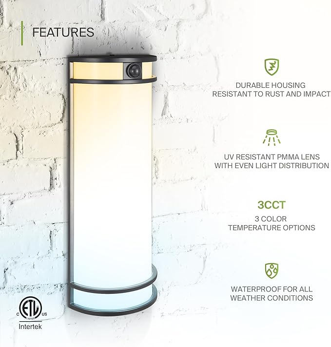 ASD 18 Inch LED Outdoor & Indoor Wall Mount Light Fixture with Motion Sensor - Black Wall Sconce Lighting - 20W 120-277V 3000K 4000K 5000K Adjustable Exterior Lights - Front Door & Patio - ETL 2 Pack