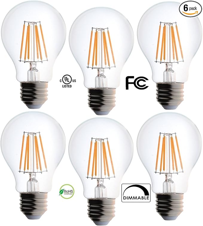 Bioluz LED 60 Watt A19 Light Bulbs Uses 8.5W Dimmable Filament Style Edison Light Bulbs, 2700K Warm White FCC UL Listed RoHS Title 20 90 CRI 6-Pack