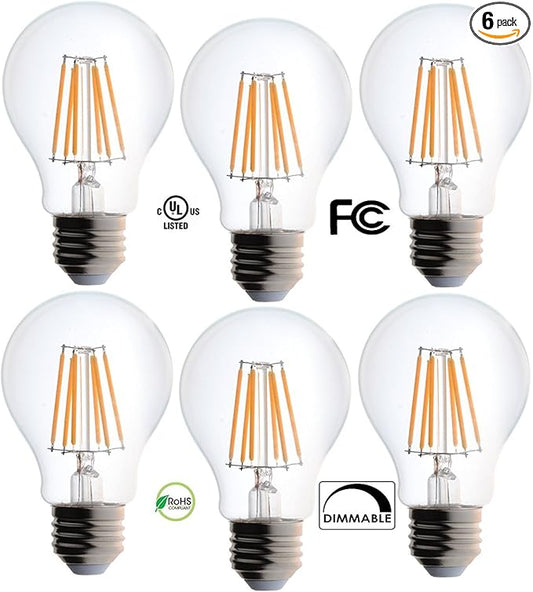 Bioluz LED 60 Watt A19 Light Bulbs Uses 8.5W Dimmable Filament Style Edison Light Bulbs, 2700K Warm White FCC UL Listed RoHS Title 20 90 CRI 6-Pack