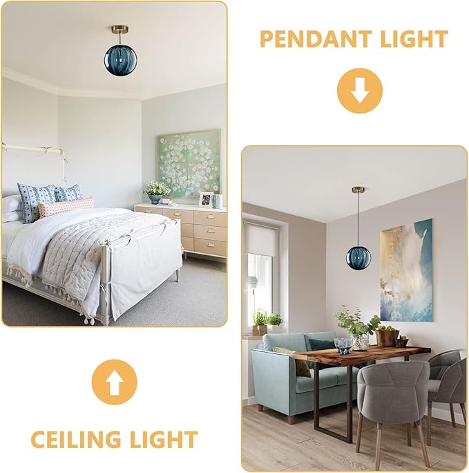 KCO Lighting Modern Large Globe Pendant Light 1-Light Single Blue Glass Pendant Lighting Kitchen Island Vintage Ribbed Glass Pendant Light Contemporary Gold Hanging Light Fixture (9.8”)
