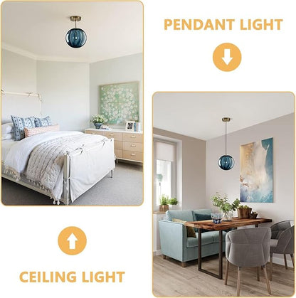 KCO Lighting Modern Large Globe Pendant Light 1-Light Single Blue Glass Pendant Lighting Kitchen Island Vintage Ribbed Glass Pendant Light Contemporary Gold Hanging Light Fixture (9.8”)