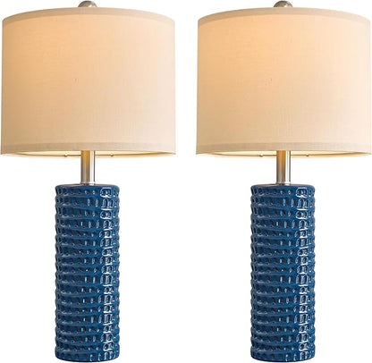 PORTRES 24.75" Modern Accent Ceramic Table Lamp Set of 2 for Bedroom Desk Decor Bedside Lamps for Living Room Study Room Office Dorm Farmhouse Nightstand Lamp End Table Lamps (Blue)